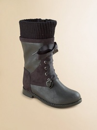 At once rugged and feminine, in pebble-textured and suede-finished faux leather with a cozy knit sock top.Faux leather and faux suede upperGrosgrain ribbon front lacesRibbed sock topMicrosuede liningPadded insoleRubber composite soleStacked heelImported At once rugged and feminine, in pebble-textured and suede-finished faux leather with a cozy knit sock top.Faux leather and faux suede upperGrosgrain ribbon front lacesRibbed sock topMicrosuede liningPadded insoleRubber composite soleStacked heelImported