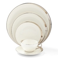 A hand-painted crescent of stunning platinum rims the edges of this thoroughly modern dinnerware collection. A hand-painted crescent of stunning platinum rims the edges of this thoroughly modern dinnerware collection.