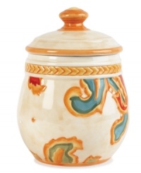 A fresh twist on a familiar pattern, the Carissa Paisley condiment jar by Fitz and Floyd pairs oversized paisleys with rope detailing and a rustic tan finish. A fresh twist on a familiar pattern, the Carissa Paisley condiment jar by Fitz and Floyd pairs oversized paisleys with rope detailing and a rustic tan finish.