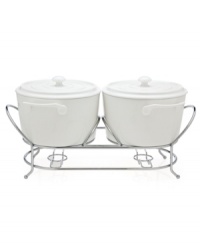 At once elegant and utilitarian, the Cucina double warmer transitions flawlessly from oven to table and will keep your food piping hot, set in a silvertone metal rack. A must for the consummate host, from Godinger. At once elegant and utilitarian, the Cucina double warmer transitions flawlessly from oven to table and will keep your food piping hot, set in a silvertone metal rack. A must for the consummate host, from Godinger.