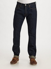 A trim, modern fit constructed in sleek, dark-washed denim. Five-pocket style Button fly Sits lower on the waist Slim fit through the hip, thigh and leg Canvas logo tag on back waist Cotton Machine wash Imported A trim, modern fit constructed in sleek, dark-washed denim. Five-pocket style Button fly Sits lower on the waist Slim fit through the hip, thigh and leg Canvas logo tag on back waist Cotton Machine wash Imported