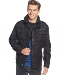 Style that doesn't get washed out. This coated jacket from Calvin Klein looks the part of major player. Style that doesn't get washed out. This coated jacket from Calvin Klein looks the part of major player.