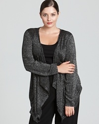 A luxe approach to effortless layering, this draped Karen Kane sweater flaunts metallic threading for chic luster. Slip it on for instant spotlight style. A luxe approach to effortless layering, this draped Karen Kane sweater flaunts metallic threading for chic luster. Slip it on for instant spotlight style.