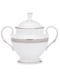 Inspired by the trim on an elegant couture gown, this graceful dinnerware and dishes collection from Lenox features an intricate platinum border that combines harmoniously with white bone china for unparalleled style. Inspired by the trim on an elegant couture gown, this graceful dinnerware and dishes collection from Lenox features an intricate platinum border that combines harmoniously with white bone china for unparalleled style.