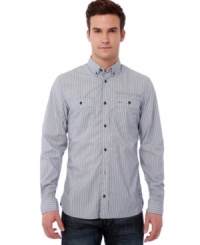 Secure a long, lean silhouette in this cool striped shirt from Buffalo David Bitton. Secure a long, lean silhouette in this cool striped shirt from Buffalo David Bitton.