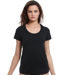 A basic lightweight short sleeve shirt with a banded scoopneck. A basic lightweight short sleeve shirt with a banded scoopneck.