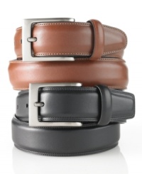 Round out your wardrobe with the sleek polish of this full-grain leather belt from Perry Ellis. Round out your wardrobe with the sleek polish of this full-grain leather belt from Perry Ellis.