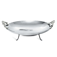 Inspired by the beauty of the marine environment, this mirrored seafood platter evokes the gentle curve of a shell and has nickel plate coral handles. It rests on a blackened iron base and legs. Inspired by the beauty of the marine environment, this mirrored seafood platter evokes the gentle curve of a shell and has nickel plate coral handles. It rests on a blackened iron base and legs.
