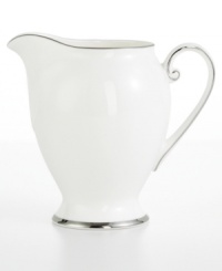 Bright fine china is simply adorned with a band of platinum for an unforgettably elegant table. The Cameo Platinum design from Mikasa's dinnerware and dishes collection is perfect for formal dinners, teas, and luncheons. This creamer's delicate, flowing lines add a graceful touch to your table. Bright fine china is simply adorned with a band of platinum for an unforgettably elegant table. The Cameo Platinum design from Mikasa's dinnerware and dishes collection is perfect for formal dinners, teas, and luncheons. This creamer's delicate, flowing lines add a graceful touch to your table.