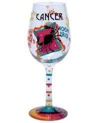 Stars align in the Cancer wine glass. A hand-painted design as unique as your sign illustrates your personality--loyal, nurturing, nostalgic--in bright, fun hues and sparkling rhinestones. With a special drink recipe on its base. Stars align in the Cancer wine glass. A hand-painted design as unique as your sign illustrates your personality--loyal, nurturing, nostalgic--in bright, fun hues and sparkling rhinestones. With a special drink recipe on its base.