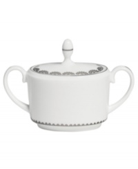 Vera Wang marries modern shapes with traditional lace in this set of dinnerware. The dishes are decidedly timeless. Platinum trim and banding add delicate feminine touches to this white bone china sugar. With double handles and an embellished lid. Vera Wang marries modern shapes with traditional lace in this set of dinnerware. The dishes are decidedly timeless. Platinum trim and banding add delicate feminine touches to this white bone china sugar. With double handles and an embellished lid.