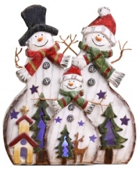 A family of three cheerful snowmen bring a touch of whimsical joy to your home during the holiday season in this delightful figurine. A family of three cheerful snowmen bring a touch of whimsical joy to your home during the holiday season in this delightful figurine.