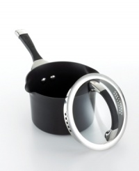 A chef's ideal companion-a versatile saucepan cuts down on the pots and pans you use to cook by including a deep-skirted strainer lid that features small holes on one side and large holes on the other for preparing all types of food in all sizes. Constructed for superior performance, the dishwasher-safe saucepan has a hard-anodized construction, impact-bonded stainless steel base and nonstick finish. Lifetime warranty. A chef's ideal companion-a versatile saucepan cuts down on the pots and pans you use to cook by including a deep-skirted strainer lid that features small holes on one side and large holes on the other for preparing all types of food in all sizes. Constructed for superior performance, the dishwasher-safe saucepan has a hard-anodized construction, impact-bonded stainless steel base and nonstick finish. Lifetime warranty.
