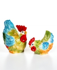 Exuberant hues and whimsical bird shapes make the Pasha Rooster salt and pepper shakers a country-fun addition to casual tables and decor. From Tabletops Unlimited's collection of serveware. Exuberant hues and whimsical bird shapes make the Pasha Rooster salt and pepper shakers a country-fun addition to casual tables and decor. From Tabletops Unlimited's collection of serveware.