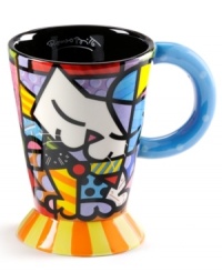 A work of art, the vividly hued, wildly patterned Cat latte mug showcases the one-of-a-kind style of world-renowned Brazilian artist Romero Britto. A work of art, the vividly hued, wildly patterned Cat latte mug showcases the one-of-a-kind style of world-renowned Brazilian artist Romero Britto.
