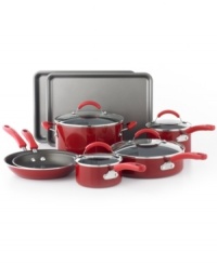 Good help is easy to find with this fully-stocked set in your kitchen. Crafted from porcelain enamel in a rich red hue, this cookware collection combines a heavy-gauge aluminum construction for efficient, even heating with durable, reinforced nonstick interiors that prompt effortless food release & hassle-free cleanup. Plus, with two cooking pans thrown in, this collection makes dessert a nightly tradition! Good help is easy to find with this fully-stocked set in your kitchen. Crafted from porcelain enamel in a rich red hue, this cookware collection combines a heavy-gauge aluminum construction for efficient, even heating with durable, reinforced nonstick interiors that prompt effortless food release & hassle-free cleanup. Plus, with two cooking pans thrown in, this collection makes dessert a nightly tradition!