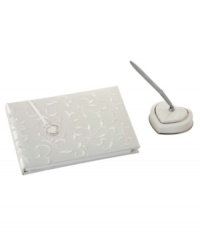 Make a beautiful presentation for your guests to leave their messages at your wedding. This gorgeous set includes a bound book with the embroidered scroll motif of the Lenox Opal Innocence collection, a matching pen and holder and a bookmark. Make a beautiful presentation for your guests to leave their messages at your wedding. This gorgeous set includes a bound book with the embroidered scroll motif of the Lenox Opal Innocence collection, a matching pen and holder and a bookmark.
