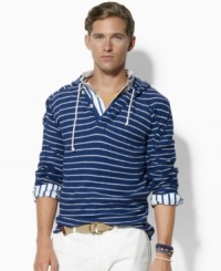 Style and comfort handsomely intertwine in a hooded pullover crafted from soft waffle-knit cotton with a two-button placket for versatile styling. Style and comfort handsomely intertwine in a hooded pullover crafted from soft waffle-knit cotton with a two-button placket for versatile styling.
