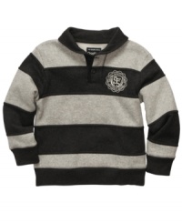 Bring a little preppy style to his wardrobe with the addition of Osh Kosh's rugby-striped sweater. Bring a little preppy style to his wardrobe with the addition of Osh Kosh's rugby-striped sweater.
