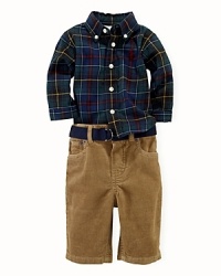 An ultra-preppy set includes a tartan plaid woven cotton shirt, a corduroy pant and a matching grosgrain ribbon belt.