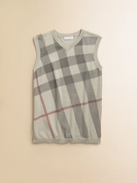 The perfect layering piece with an iconic check print. Ribbed v-neckSleeveless with ribbed armholesPull-on styleRibbed hem50% cashmere/50% cottonHand washImported The perfect layering piece with an iconic check print. Ribbed v-neckSleeveless with ribbed armholesPull-on styleRibbed hem50% cashmere/50% cottonHand washImported