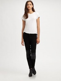 Coolest way to work the trend, these supremely soft skinnies finish the look with lustrous leather paneling. THE FITMedium rise, about 8Inseam, about 33THE DETAILSButton closureZip flyLeather panelingFive-pocket styleFully lined37% rayon/37% cotton/24½% Tencel/1½% LycraDry clean with leather specialistImportedModel shown is 5'11 (178cm) wearing US size 4. Coolest way to work the trend, these supremely soft skinnies finish the look with lustrous leather paneling. THE FITMedium rise, about 8Inseam, about 33THE DETAILSButton closureZip flyLeather panelingFive-pocket styleFully lined37% rayon/37% cotton/24½% Tencel/1½% LycraDry clean with leather specialistImportedModel shown is 5'11 (178cm) wearing US size 4.