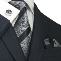 Landisun 82A Black Paisleys Mens Silk Tie Set: Tie+Hanky+Cufflinks Exclusive Landisun 82A Black Paisleys Mens Silk Tie Set: Tie+Hanky+Cufflinks Exclusive