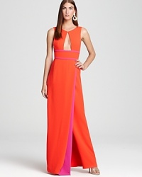 In eye-opening brights, BCBGMAXAZRIA's hot-hued dress stands tall in a towering, empire waist silhouette. In eye-opening brights, BCBGMAXAZRIA's hot-hued dress stands tall in a towering, empire waist silhouette.