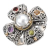 925 Silver, Pearl & Multi-Stone Cross Ring with 18k Gold Accents- Sizes 6-8
