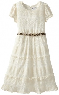 Bloome Girls 7-16 Short Sleeve All Over Lace Dress with Animal Print Functional Belt, Cream, 16
