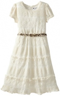 Bloome Girls 7-16 Short Sleeve All Over Lace Dress with Animal Print Functional Belt, Cream, 16 Bloome Girls 7-16 Short Sleeve All Over Lace Dress with Animal Print Functional Belt, Cream, 16