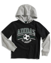 Your little all-star will appreciate the look of this hooded long sleeve layered style t-shirt from adidas. Your little all-star will appreciate the look of this hooded long sleeve layered style t-shirt from adidas.