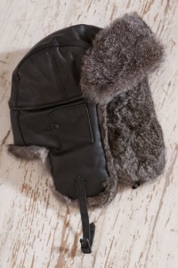 Leather Aviator Hat with Rabbit Fur Trim, BLACK/GREY, Size SMALL (6 3/4 - 7) Leather Aviator Hat with Rabbit Fur Trim, BLACK/GREY, Size SMALL (6 3/4 - 7)
