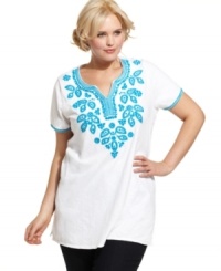 Vibrant embroidery illuminates Style&co.'s short sleeve plus size top-- it's perfect for the weekends! Vibrant embroidery illuminates Style&co.'s short sleeve plus size top-- it's perfect for the weekends!