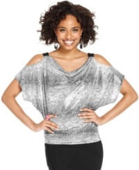 Do the snake! Trend-right shoulder cutouts plus an awesome sheen equal a top from BCX that parties all through the night! Do the snake! Trend-right shoulder cutouts plus an awesome sheen equal a top from BCX that parties all through the night!