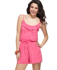 Get your heart all a-flutter with this romper from Planet Gold, where a ruffled neckline creates doll-like style! Get your heart all a-flutter with this romper from Planet Gold, where a ruffled neckline creates doll-like style!