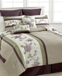 Garden-fresh. Reinvent your sleep space with this Rosemont comforter set, featuring panels of embroidered rose designs for a charming presentation. Comes complete with shams, bedskirt and two decorative pillows all in a captivating color range of purple, green and tan. Garden-fresh. Reinvent your sleep space with this Rosemont comforter set, featuring panels of embroidered rose designs for a charming presentation. Comes complete with shams, bedskirt and two decorative pillows all in a captivating color range of purple, green and tan.