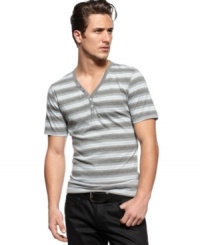 Horizontal stripes on this y-neck shirt from INC International Concepts adds depth to your denim lineup. Horizontal stripes on this y-neck shirt from INC International Concepts adds depth to your denim lineup.