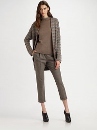 This long, open front design has an intriguing textured wave pattern in two neutral tones.Open front Long sleeves Curved contour hem 34 from shoulder to hem 94% wool/4% viscose/1% cashmere/1% nylon Dry clean Made in Italy This long, open front design has an intriguing textured wave pattern in two neutral tones.Open front Long sleeves Curved contour hem 34 from shoulder to hem 94% wool/4% viscose/1% cashmere/1% nylon Dry clean Made in Italy