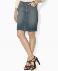 Lauren Jeans Co.'s petite skirt is designed in glamorous dark denim with a hint of stretch for a flattering fit, and finished with traditional details for a chic, classic finish. Lauren Jeans Co.'s petite skirt is designed in glamorous dark denim with a hint of stretch for a flattering fit, and finished with traditional details for a chic, classic finish.