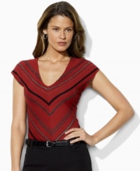 Sleek cap sleeves and textured chevron stripes elevate Lauren by Ralph Lauren's classic cotton tee to style-maker status. Sleek cap sleeves and textured chevron stripes elevate Lauren by Ralph Lauren's classic cotton tee to style-maker status.