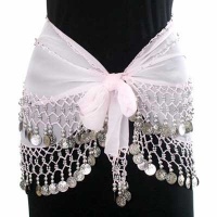 White & Silver Dangling Coins Belly Dance Hip Wrap Belt White & Silver Dangling Coins Belly Dance Hip Wrap Belt