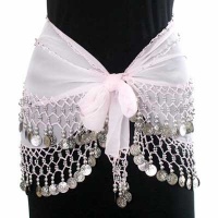 White & Silver Dangling Coins Belly Dance Hip Wrap Belt