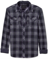 This plaid shirt from Guess has standout details to make for an eye-catching look this season. This plaid shirt from Guess has standout details to make for an eye-catching look this season.