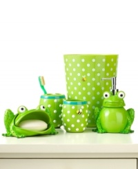 Create the atmosphere of a lively pond scene in your bathroom with this Froggy tumbler from Jay Franco. This design has cute raised polka dots and a buzzing bee decal for a fun addition to any bathroom. Create the atmosphere of a lively pond scene in your bathroom with this Froggy tumbler from Jay Franco. This design has cute raised polka dots and a buzzing bee decal for a fun addition to any bathroom.