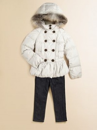 Battle the elements in style in this puffy topper with attached hood, detachable fur trim, double-breasted front button closure and pretty peplum hem for extra coverage and warmth when desired.Attached hood with removable fur trimShoulder epaulettesLong sleeves with elastic cuffsDouble-breasted front button closureFront slash pocketsGathered waistbandPeplum hemGoose down fillFully linedAdditional InformationKid's Apparel Size Guide Battle the elements in style in this puffy topper with attached hood, detachable fur trim, double-breasted front button closure and pretty peplum hem for extra coverage and warmth when desired.Attached hood with removable fur trimShoulder epaulettesLong sleeves with elastic cuffsDouble-breasted front button closureFront slash pocketsGathered waistbandPeplum hemGoose down fillFully linedAdditional InformationKid's Apparel Size Guide