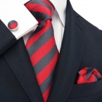 Landisun 529 Bright Red Black Stripes Mens Silk Tie Set: Tie+Hanky+Cufflinks