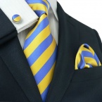 Landisun 536 Gold Blue Stripes Mens Silk Tie Set: Tie+Hanky+Cufflinks Exclusive