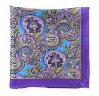 100% Printed Silk Violet, Light Blue and Pink Bolstered Paisley Pocket Square