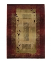 This rug features a striking design of two vines in silhouette against a ground of rectangles framed with borders. Hues of sage green, gold, beige and russet blend into each other with striations and stain-like effects to impart a weathered, timeworn feel. This rug features a striking design of two vines in silhouette against a ground of rectangles framed with borders. Hues of sage green, gold, beige and russet blend into each other with striations and stain-like effects to impart a weathered, timeworn feel.